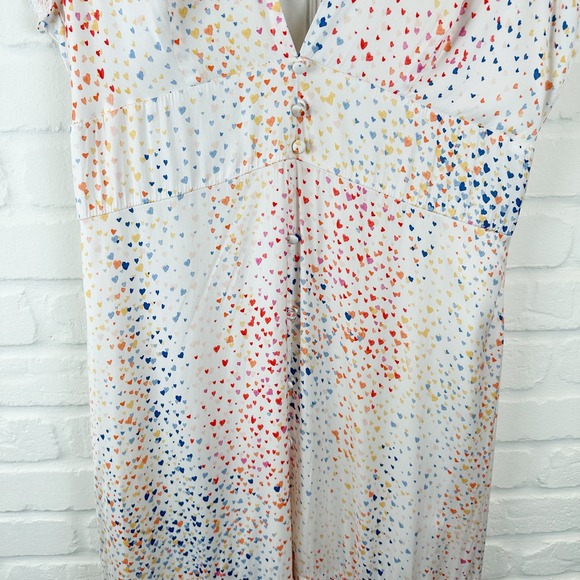 Hutch Multi Color Heart Maxi Dress White Satin Hi Low short sleeves V-neck 10 - Picture 3 of 15